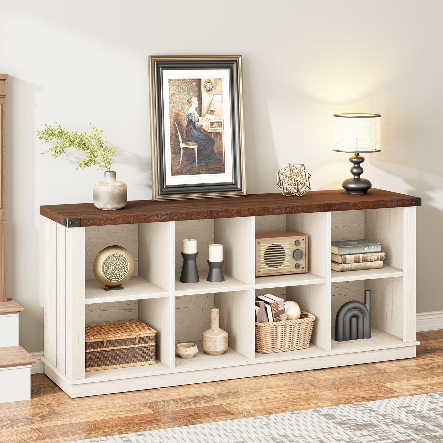 8 Cube Storage Organizer Bookshelf, 3 Tier Farmhouse Horizontal Bookcase, 62 Inch Wood Storage Bookcase for Entryway, Long Low Bookshelves for Living Room