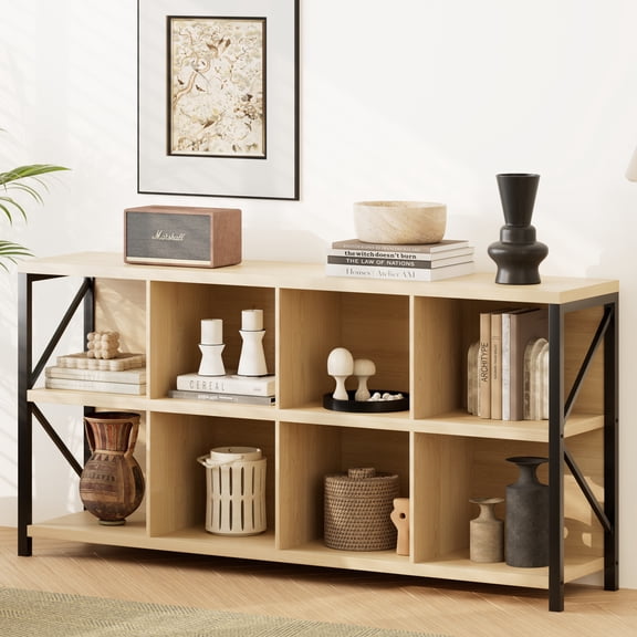 8 Cube Storage Organizer Bookshelf, Industrial Horizontal Bookcase, Accent Cubby Shelf, Media Console Table for Living Room, Home Office, 13.6" D x 63" W x 30.9" H, Light Oak