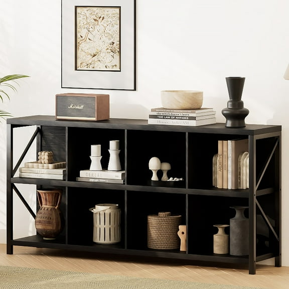 8 Cube Storage Organizer Bookshelf, Industrial Horizontal Bookcase, Accent Cubby Shelf for Living Room, Home and Office, 63 Inches