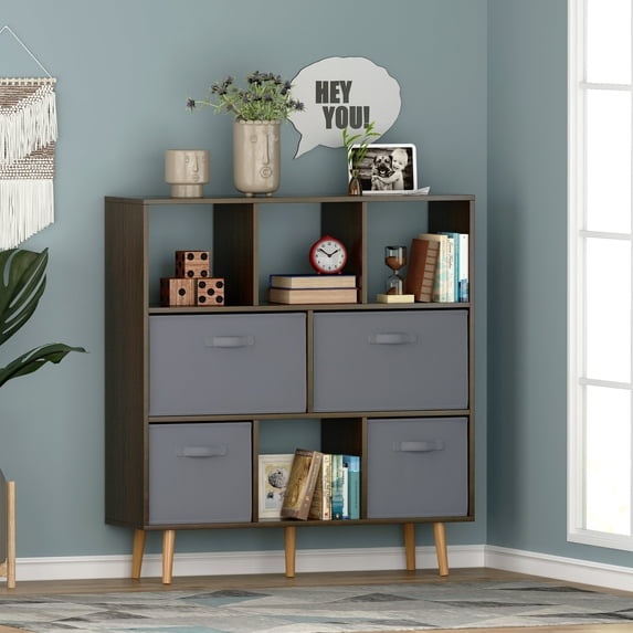 8-Cube Storage Organizer, Bookshelf with Storage Bins, 4 Tier Freestanding Open Bookshelf with 4 Nonwoven Fabric Drawers,Brown