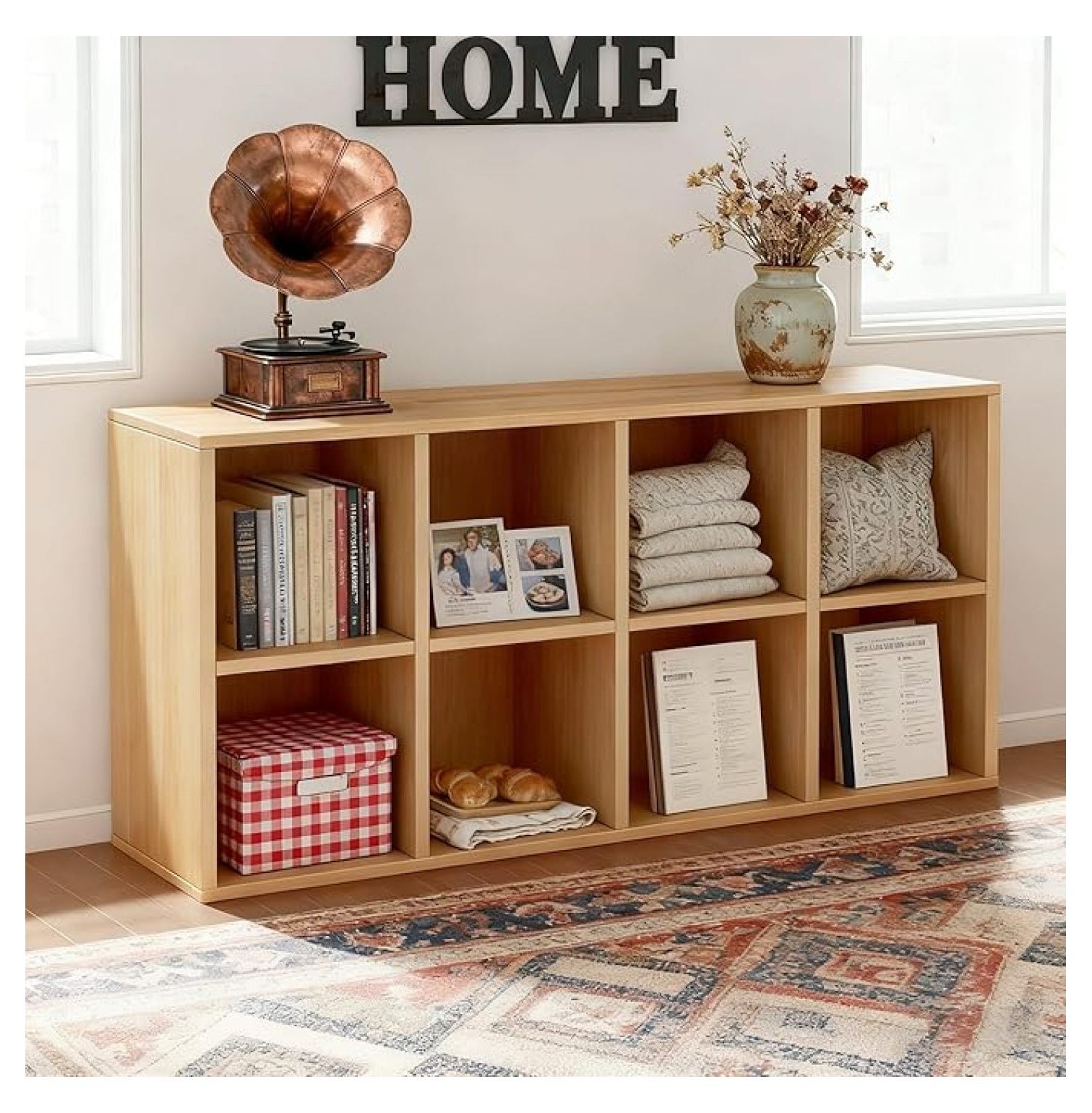 8-Cube Storage Organizer, Wooden Low Bookshelf, Modern 2-Tier Floor ...