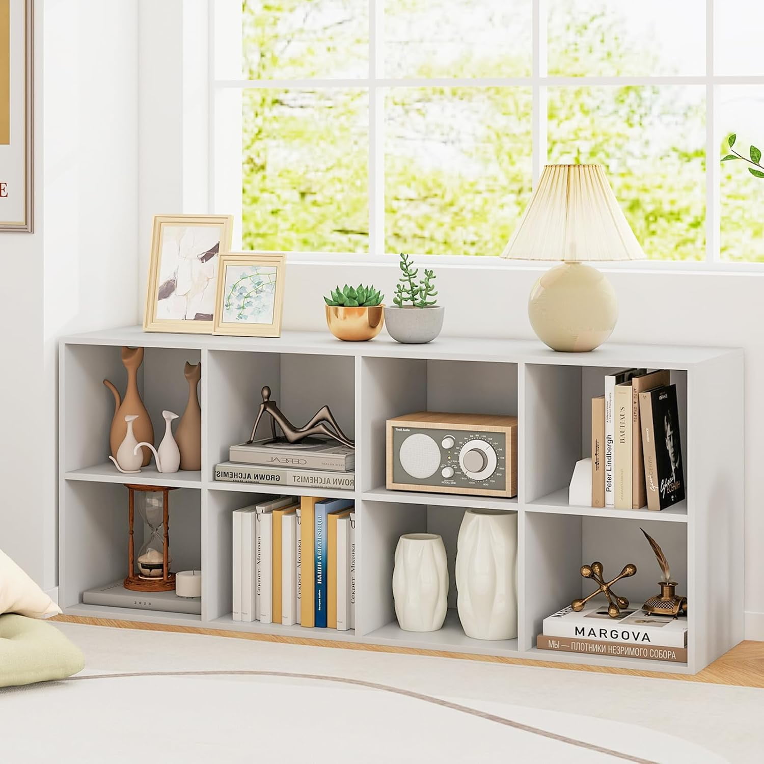 8 Cube Storage Organizer, Wooden Vertical & Horizontal Book Shelf, 24” Low Bookcase Under Window with Back Panels, 2-Tier Bookshelf for Classroom Home Office Living Room (White)