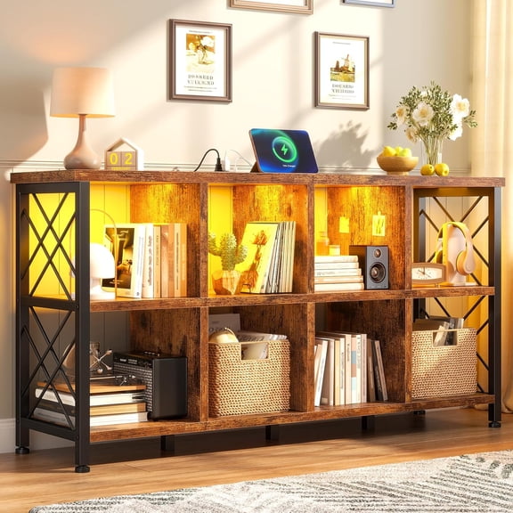 8 Cube Storage Organizer with LED for Living Room, Rustic Brown | Charging Station, Home Organizer, Holds 245 LBS, Stable Cube Grid Frame