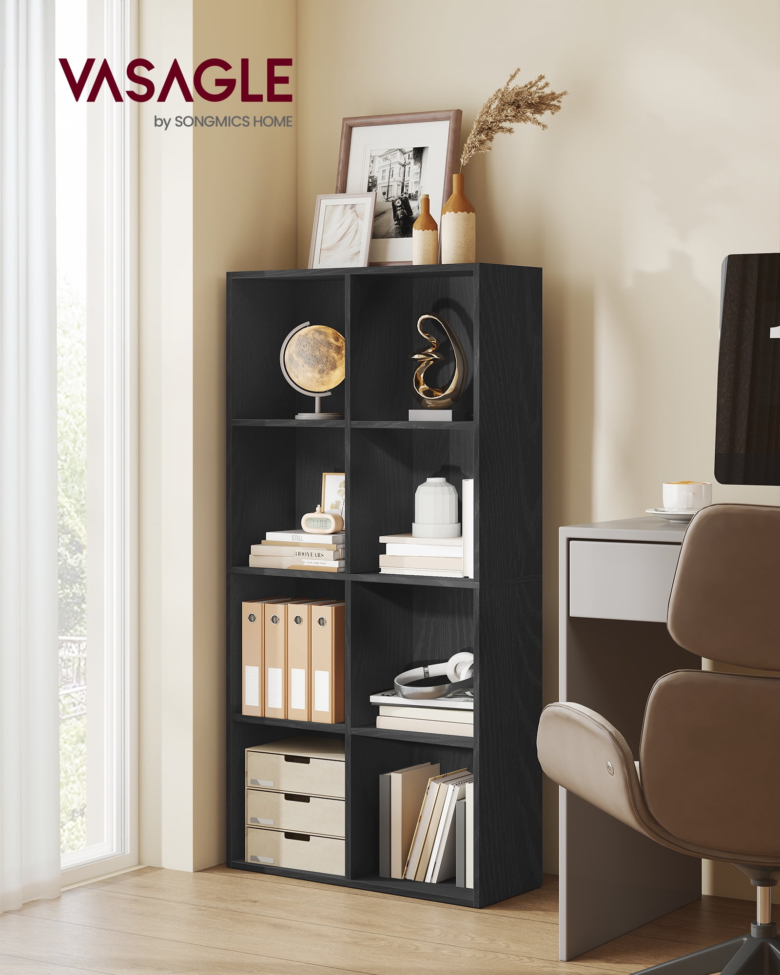 8-Cube Storage Shelf, Modern Bookcase Organizer, 51" Tall Multi-Functional for Living Room/Office, Easy Assembly, Ebony Black