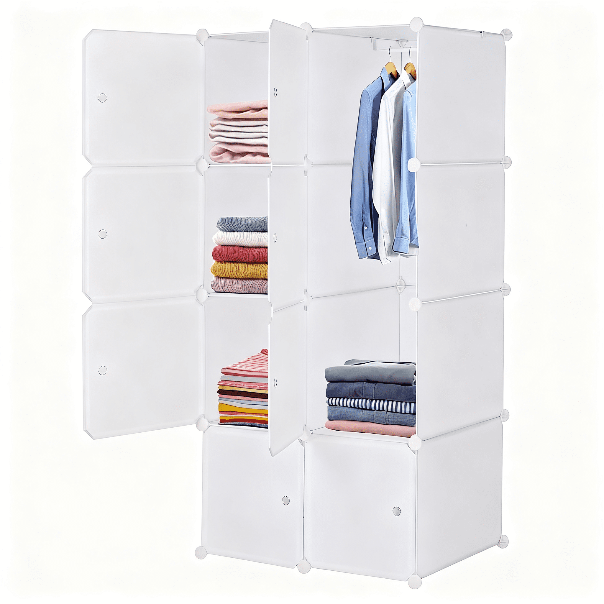 8 Cube White Stackable Storage Organizer, ABS PP Plastic Rust-proof Metal Frame Modular Closet Cabinet with Hanging Rod, Multifunctional DIY Cube Shelves for Home Office Kids Room