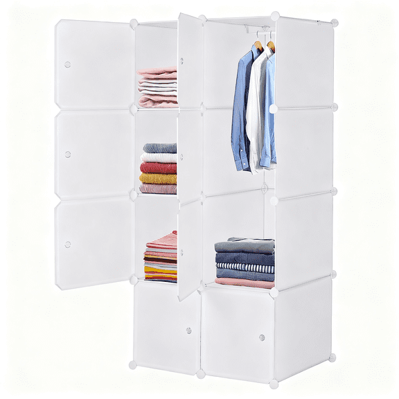 8 Cube White Stackable Storage Organizer, ABS PP Plastic Rust-proof Metal Frame Modular Closet Cabinet with Hanging Rod, Multifunctional DIY Cube Shelves for Home Office Kids Room