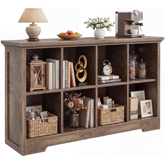 8-Cube Wooden Bookcase with Base, Cracked Oak Finish, Open Cubby Storage