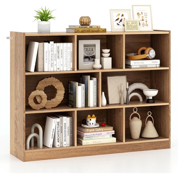 8 Cubes Organizer Bookcase, 3-Tier Low Bookshelf with Anti-Title Device, Floor Standing Storage Cabinet, Wooden Book Display Shelf, Horizontal Bookcase for Classroom, Office