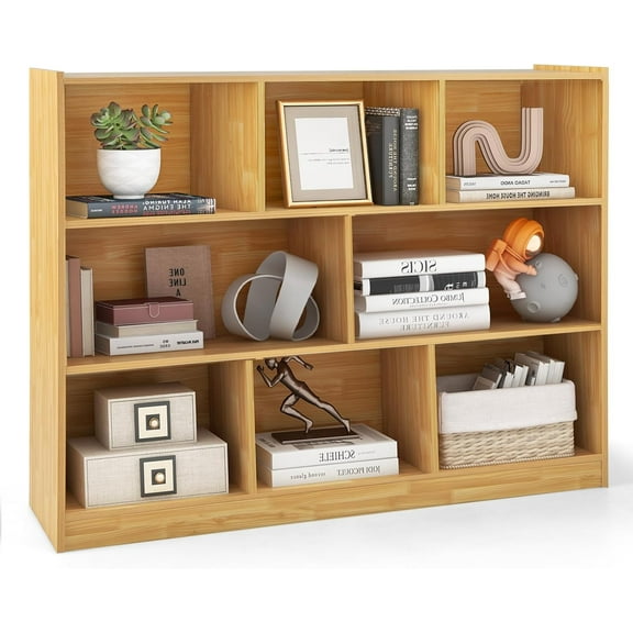 8 Cubes Organizer Bookcase, 3-Tier Low Bookshelf with Anti-Title Device, Floor Standing Storage Cabinet, Wooden Book Display Shelf, Horizontal Bookcase for Classroom, Office, Yellow