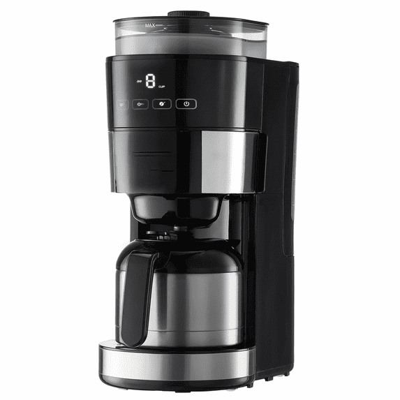 8-Cup Coffee Maker with Grinder, Drip Coffee Machine with 3 Brew Strengths, Adjustable Grind Size, Compatible with Beans & Ground Coffee, Programmable
