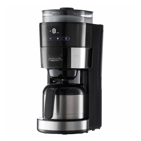 8-Cup Coffee Maker with Grinder, Drip Coffee Machine with 3 Brew Strength, Adjustable Grind Size, Fresh Brew, Compatible with Beans & Ground Coffee