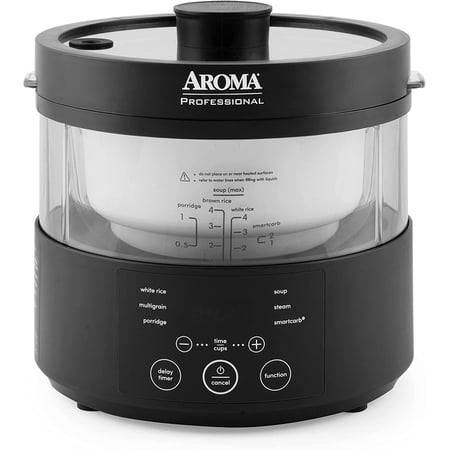 8-Cup (Cooked) SmartCarb Multicooker and Flavor-Lock Food Steamer for Low-Carb Rice and Grains, Glass Inner Pot, Black, Transparent Glass, 4 Cup Uncooked Rice