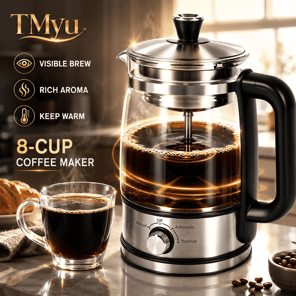 8 Cup Electric Percolator Coffee Maker, Glass Carafe, Stainless Steel Filter, Keep Warm