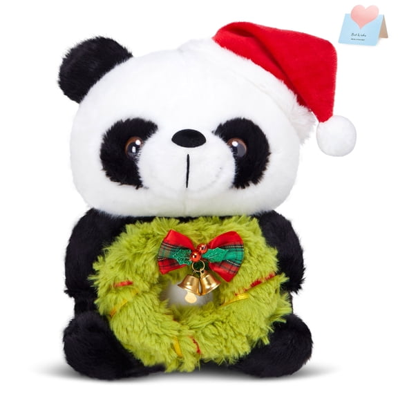 8" Cute Panda Plush Toy with Green Wreath & Santa Hat, Soft Stuffed Animal for Kids Boys Girls, Festive Gift for All Occasions