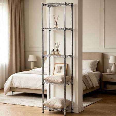 8"D x 18"W x 54"H Chrome Wire Shelving with 5 Tiers, Weight Capacity 800 lbs Per Shelf
