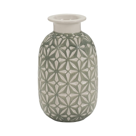8" Decorative Daisy Ceramic Vase - Contemporary Dark Sage Green and White Flower Vase for Home, Office Decorative Accent - Easy Gift Idea