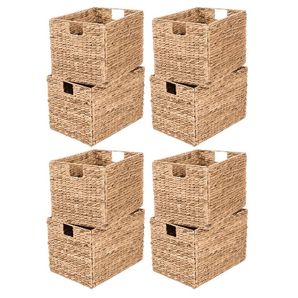Woven Storage Baskets with Wooden Handles, Water Hyacinth Wicker Baskets  for Organizing,Large, 14.6” x 10.6” x 5”, 2-Pack 