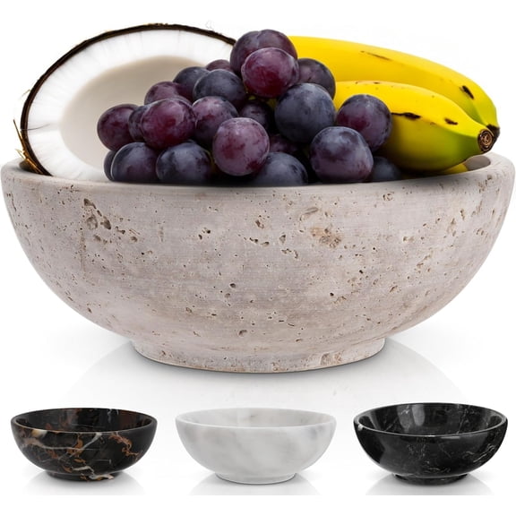 8" Decorative Travertine Bowl for Coffee Table - Elegant Centerpiece, Aesthetic Fruit Bowl for Kitchen Counter - Heavy Stone Entryway Catch all, Jewelry, Potpourri - Travertine Decor