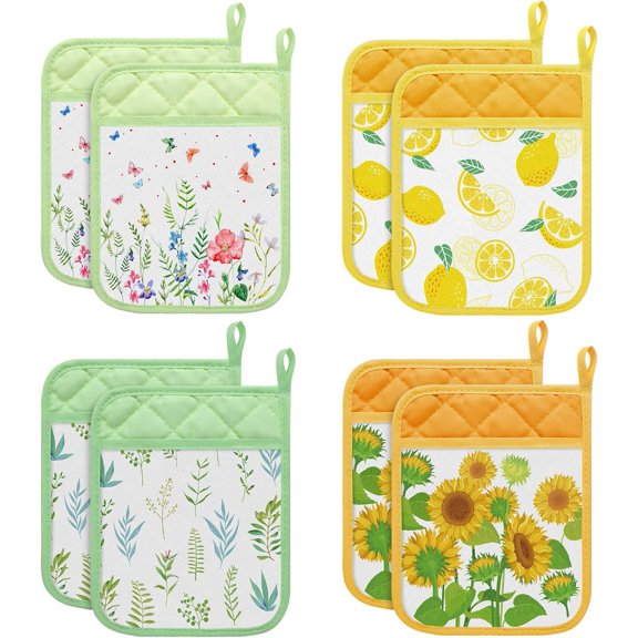 8 Designer Pot Holders - Heat Resistant Lemon Flowers & Sunflower Patterns with Pockets and Loops - Perfect for Kitchen, Oven, and Restaurant Use