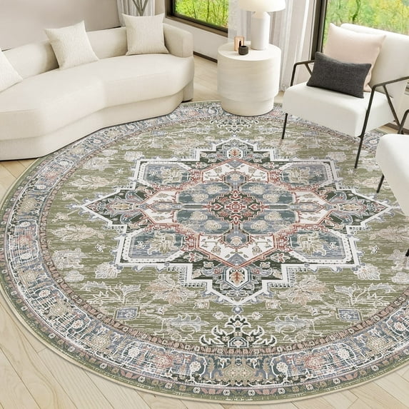 8' Diameter Vintage Area Rugs,Soft Washable Distressed Thin Rugs for Living Room Bedroom,Non-Slip Foldable Indoor Carpet,Green