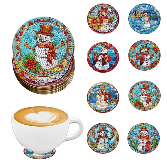 8 Diamond Painting Set Coasters Without Stands, DIY Crystal Embellishments, Diamond-Encrusted Christmas Snowman Patterns