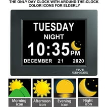 8” Digital Calendar, Clock with Day and Date for Elderly, Day Clock, Digital Clock with Date and Day of Week, Digital Wall Clock, Large Digital Clock, Dementia Clock W/ Color Sun Icons