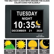 8  Digital Calendar, Clock with Day and Date for Elderly, Operated Day Clock, Digital Clock with Date and Day of Week, Digital Wall Clock, Large Digital Clock, Dementia Clock W/ Color Sun Icons