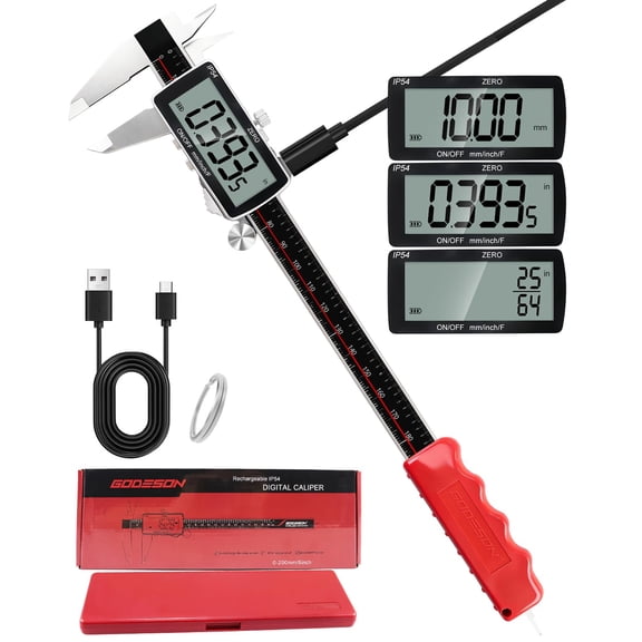 8" Digital Caliper, 0.001" Precision Rechargeable Vernier Caliper - USB-C, IP54 ProtectionFull Stainless Steel, Inch/MM/Fraction, Large LCD Measuring Tool for Machining, DIY & 3D Printing