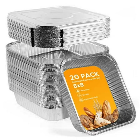 8x8 Aluminum Pans With Lids，Disposable Square Tin Foil Pans For Cake Baking, Cooking, Freezing, Prepping Food，20 Pack