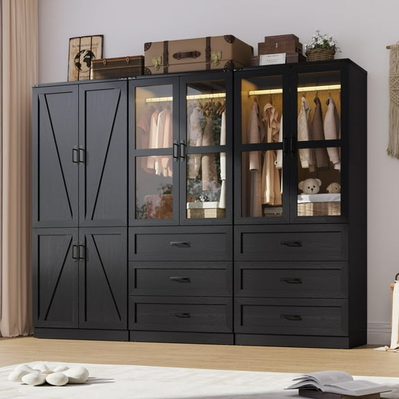 75" 6 Doors Armoire Wardrobe Closet w/ 6 Drawers & LED Light, Farmhouse Freestanding Closet Wardrobe Cabinet with Hanging Rod,Wooden Armoire Storage Cabinet for Bedroom