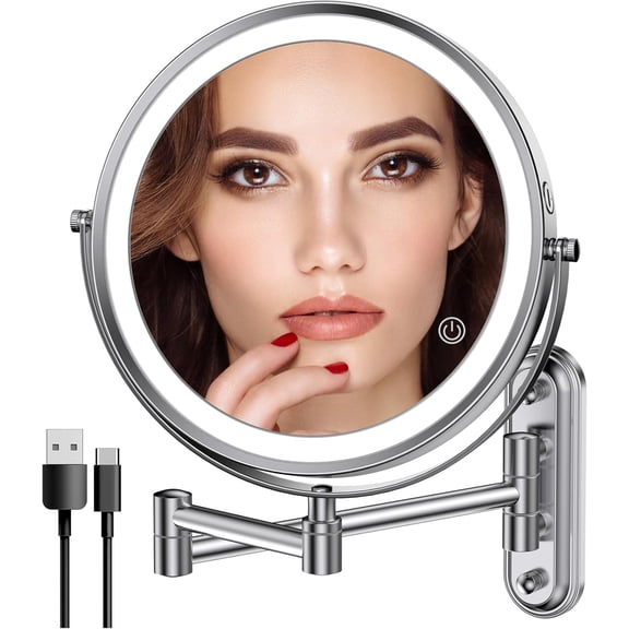 8" Double-Sided LED Vanity Mirror, 1X/10X Magnification, 360° Swivel, Touch Dimmable, Rechargeable