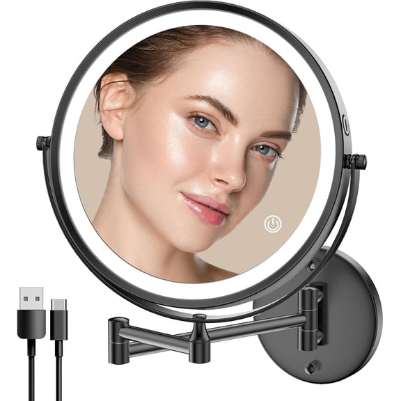 8" Double-Sided LED Vanity Mirror, 1X/10X Magnification, 360° Swivel, Touch Dimmable, Rechargeable