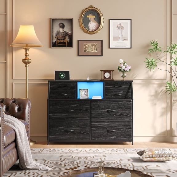 melmine 8 Drawer Black Dresser for Bedroom Chest of Drawers with App RGB Lights & Charging Station