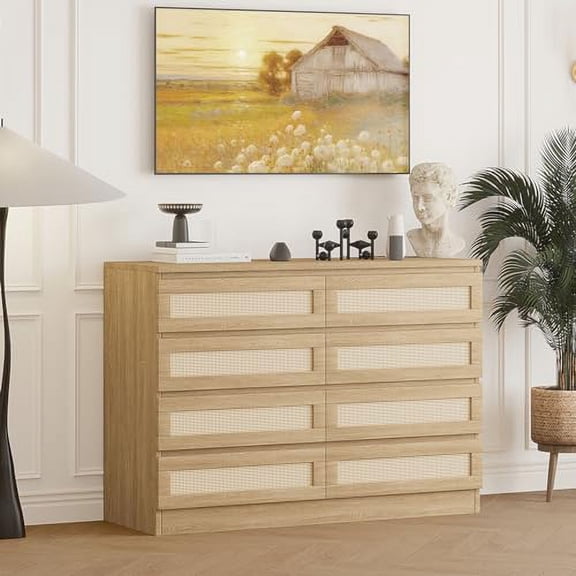 8 Drawer Double Dresser for Bedroom, Rattan Chest of Dressers, Modern Wooden Dresser Chest, Beside Table for Closet, Nursery, Living Room and Entryway