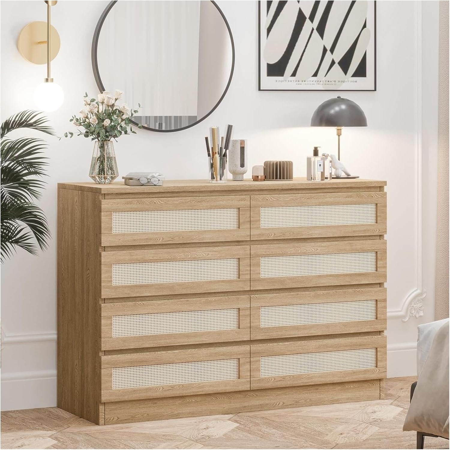 Modern Oak and Rattan 8-Drawer Double Dresser Chest