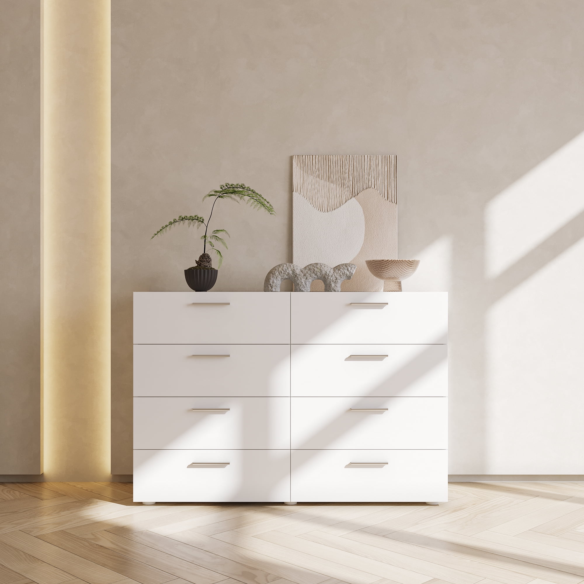 8 Drawer Double Dresser Easy Assembly Wide Storage Cabinet for Living Room Home Entryway White