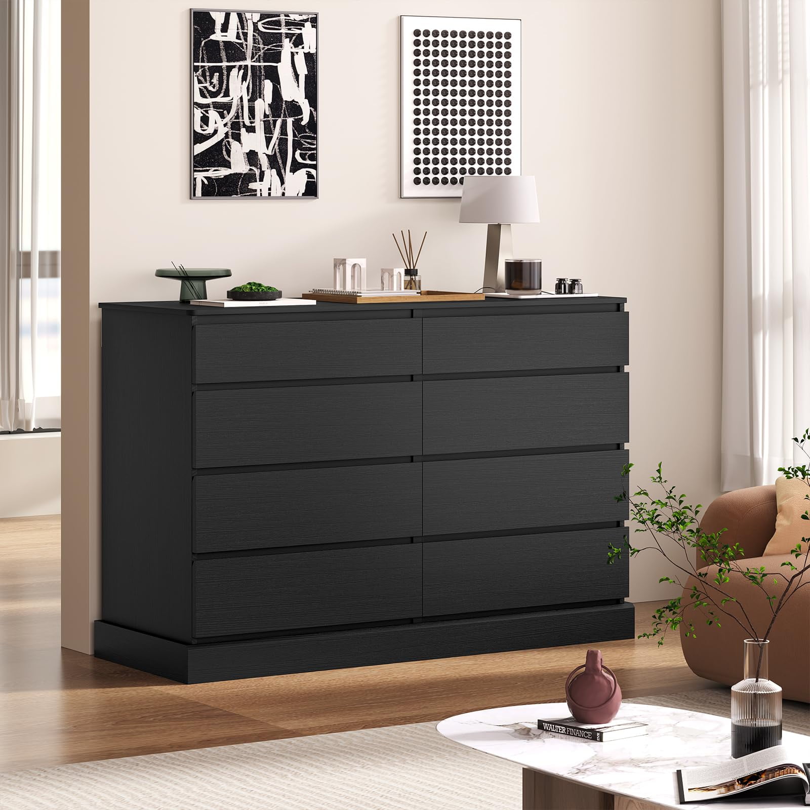 Modern 8-Drawer Dresser, Large Sleek Wood Storage Cabinet, Black Chest ...