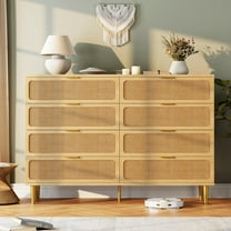 8 Drawer Dresser for Bedroom,Rattan Chest of Dressers with Deep Drawers,Modern Wooden Dresser Chest with Golden Handles,Long Wooden Dresser for Closet, Living Room and Entryway