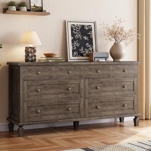 8 Drawer Dresser for Bedroom, Vintage 59" Long Dresser TV Stand with Carved Handles and Tapered Legs, Wood Chests of Drawers with Large Capacity Storage, Grey