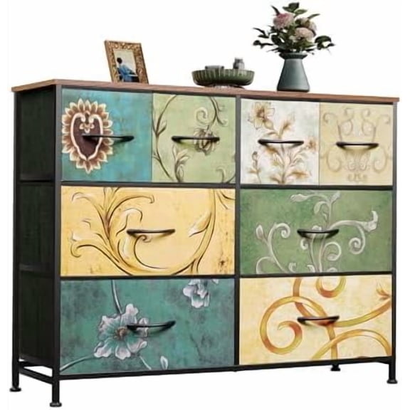 8 Drawer Dresser for Bedroom, Wide Fabric Dresser Storage Organizer, Chest of Drawers with Wood Top, Sturdy Steel Frame, Dressers for Living Room, Closet, Hallway, Floral Painted