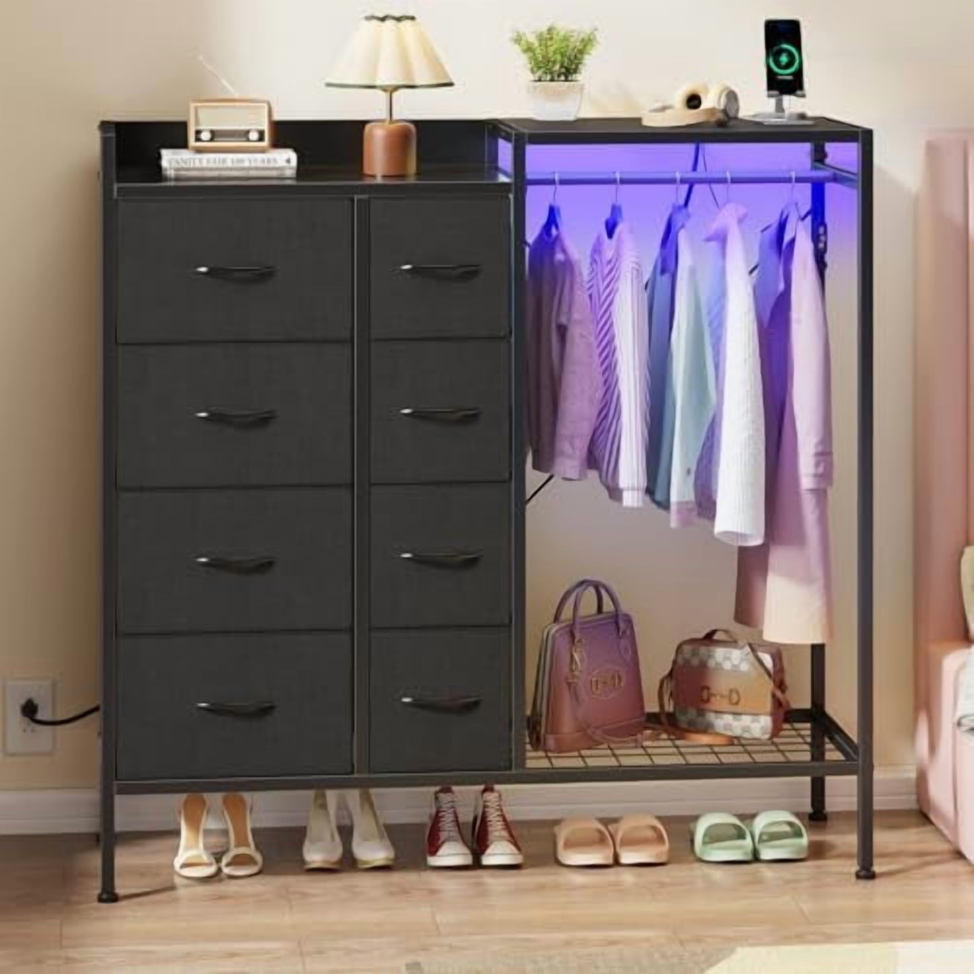 8-Drawer Dresser With Hanging Rack, Charging Station & RGB LED Lights -  White Fabric Chest For Bedroom