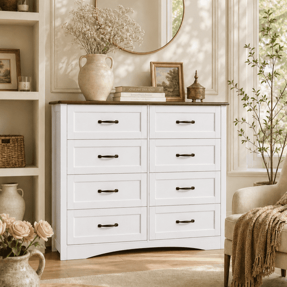 8-Drawer Dresser with Metal Handles, White Wood Storage Cabinet, Large Capacity Organizer for Bedroom, Kids Room, Living Room, Entryway, Hallway, Chest of Drawers with Anti-Tip Safe, Easy Assembly