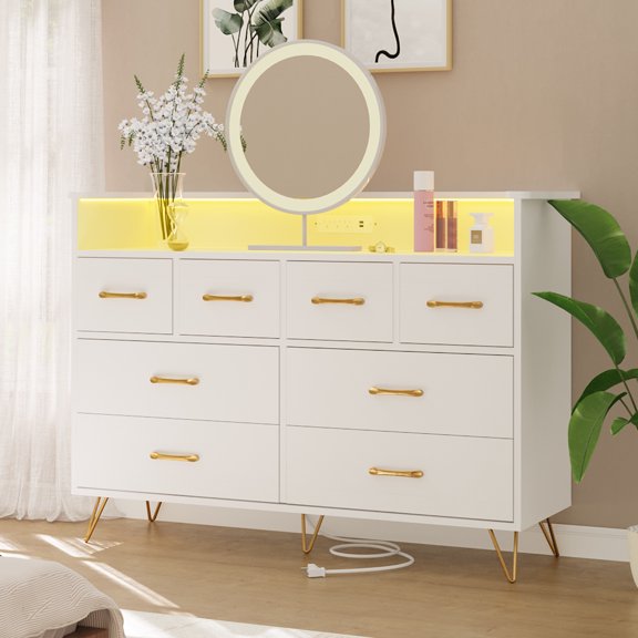 8 Drawer Dresser Modern Wood Storage Cabinet with LED Light Charging Station Open Shelf for Bedroom Living Room Entryway