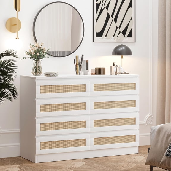 8 Drawer Dresser Rattan Wood Storage Cabinet with Metal Slides 47 Inch Wide Chest for Bedroom Living Room Entryway