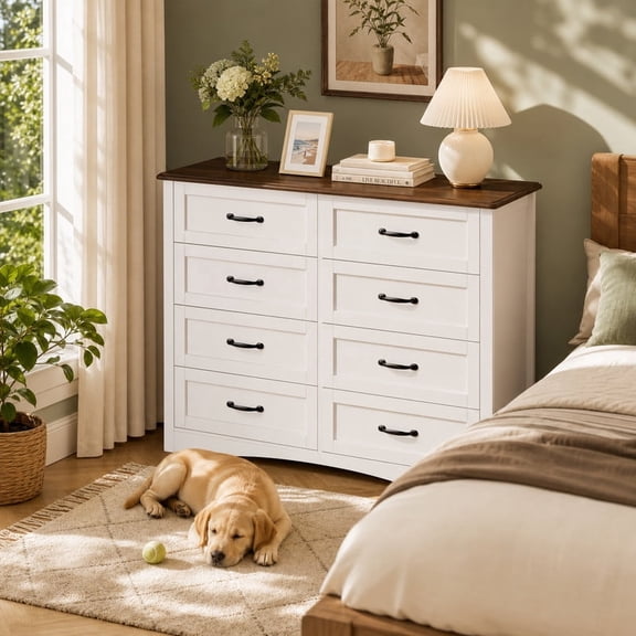 8-Drawer Dresser, Sturdy Chest of Drawers with Metal Handles, Multi-Functional Storage for Bedroom, Kids Room, Living Room, Entryway & Hallway, White with Retro Desktop