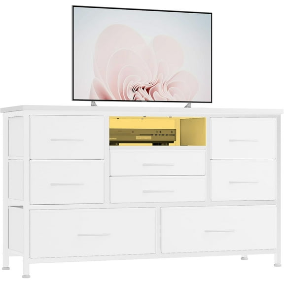 8-Drawer Dresser TV Stand for 50 inch TV, Entertainment Center with LED Lights & Charging Station, Chest of Drawers with Fabric Drawers and Open Shelves for Living Room, Hallway