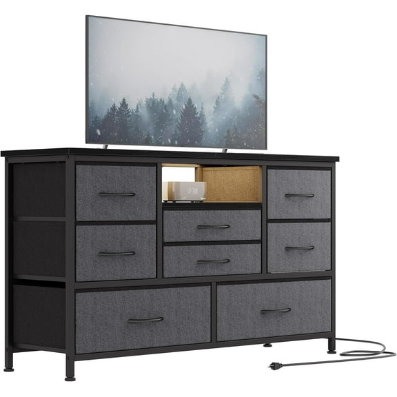 8-Drawer Dresser TV Stand for 50 inch TV, Entertainment Center with LED Lights & Charging Station, Chest of Drawers with Fabric Drawers and Open Shelves for Living Room, Hallway