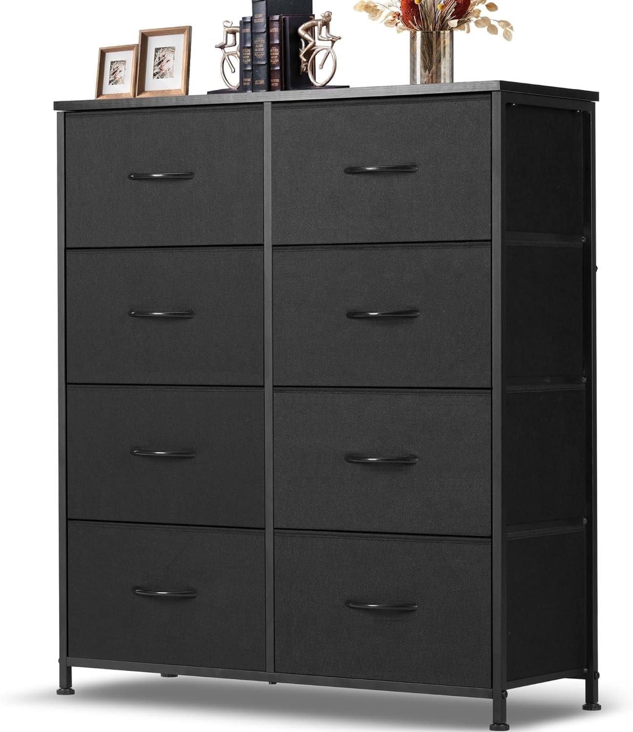 8 Drawer Dresser, Tall Chest Of Drawers Nightstand Storage Tower Storage Dresser Fabric Dresser With Wood Top for Living Room, Bedroom, Hallway, , Black