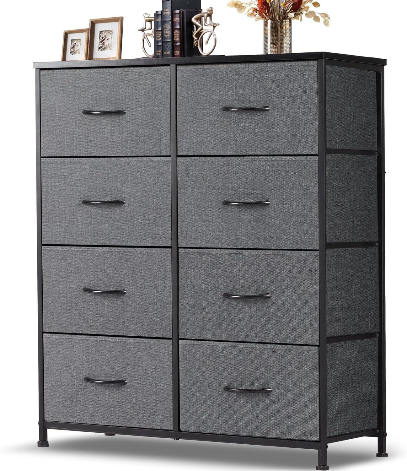 8 Drawer Dresser, Tall Chest Of Drawers Nightstand Storage Tower Storage Dresser Fabric Dresser With Wood Top for Living Room, Bedroom, Hallway, , Grey