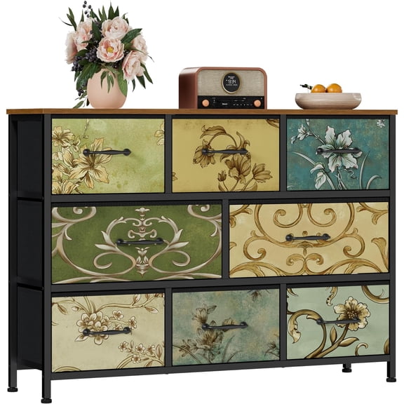 8 Drawer Dresser, Wide Fabric Chest of Drawers, Vintage Furniture for Bedroom, Living Room, Hallway, Closet Clothes Storage, Wooden Top
